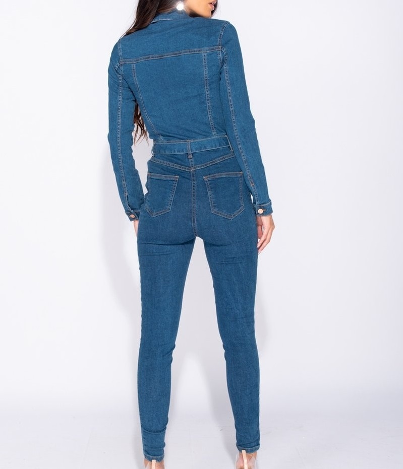 Button Up Detail Tie Waist Long Sleeve Jumpsuit - Image 3