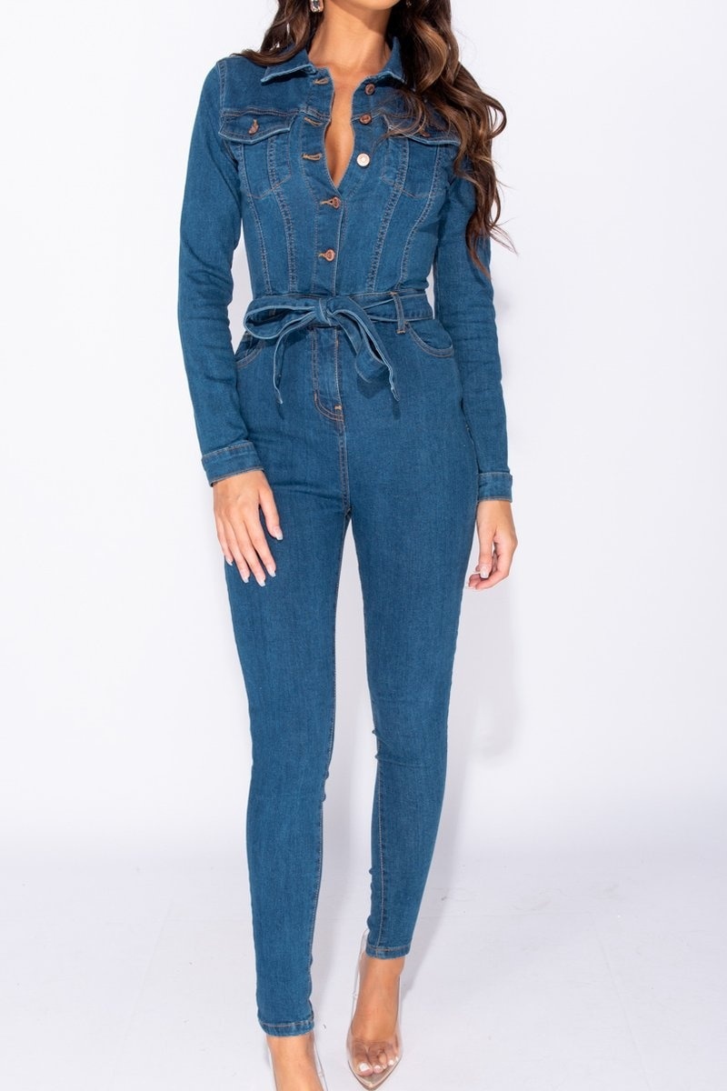 Button Up Detail Tie Waist Long Sleeve Jumpsuit - Image 6