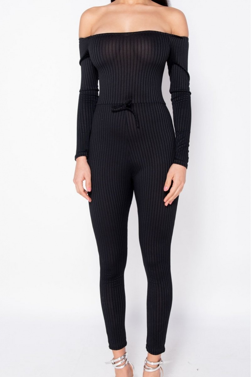 Rib Knit Long Sleeve Bardot Jumpsuit - Image 4