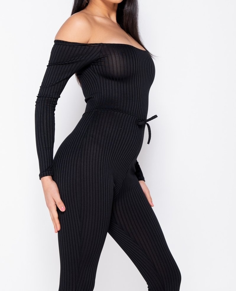 Rib Knit Long Sleeve Bardot Jumpsuit - Image 2