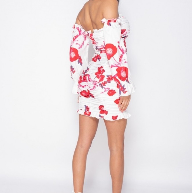 Floral Ruching Detail Long Sleeve Bardot Dress - Image 3