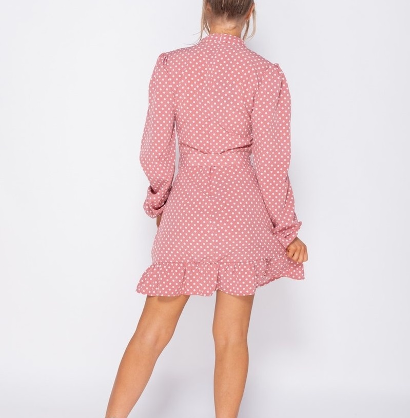 Polka Dot Frill Hem Waist Tie High Neck Mini Dress - Image 3