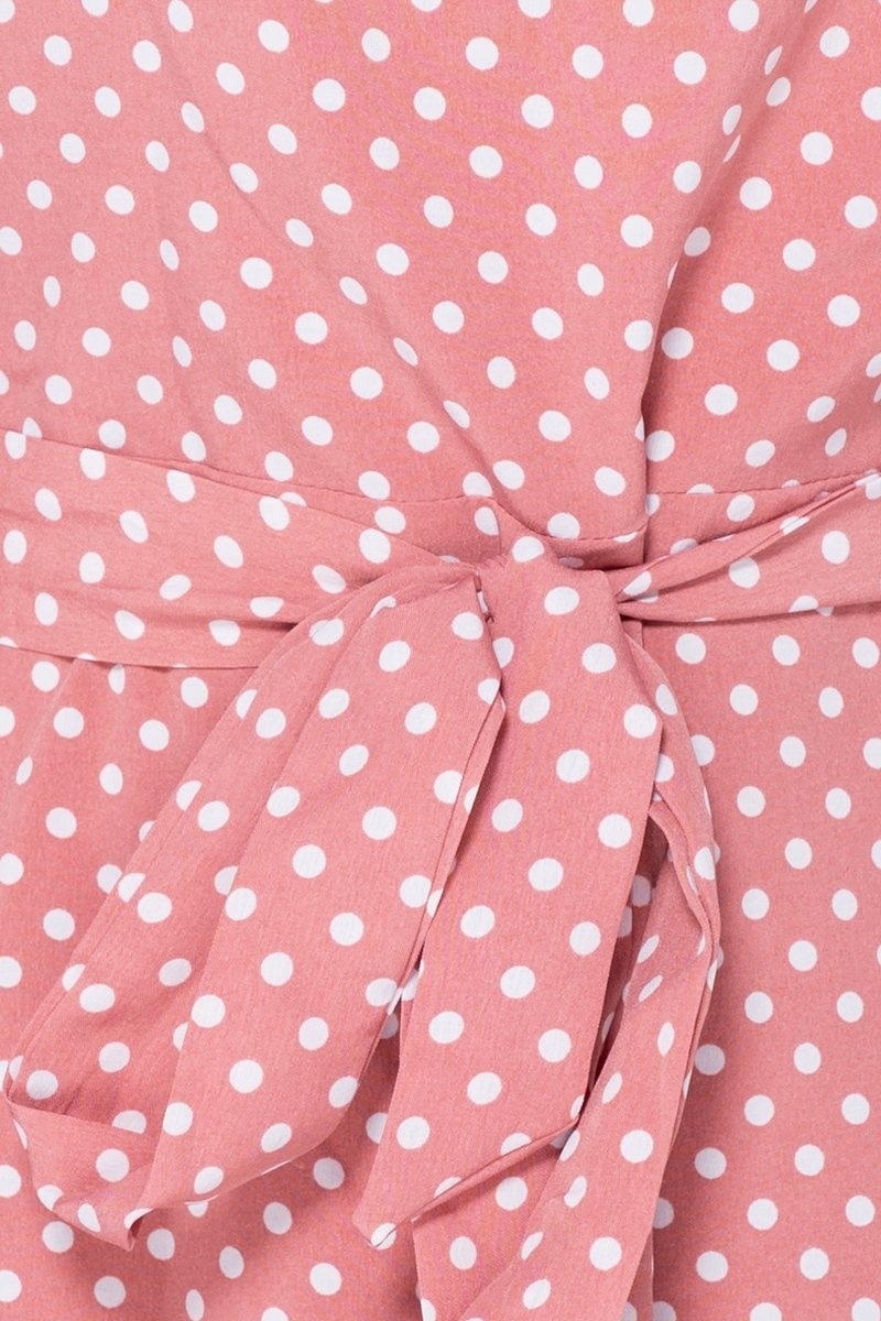 Polka Dot Frill Hem Waist Tie High Neck Mini Dress - Image 4