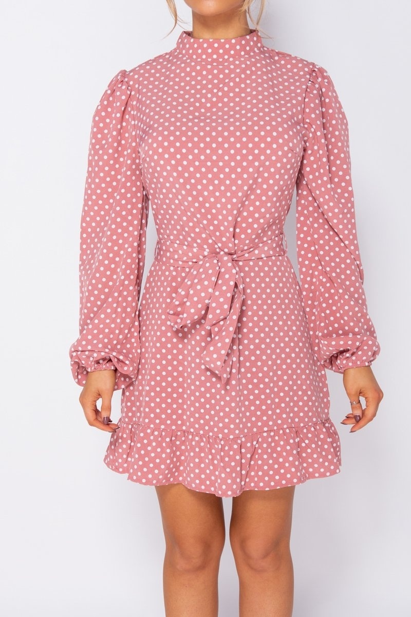 Polka Dot Frill Hem Waist Tie High Neck Mini Dress - Image 5