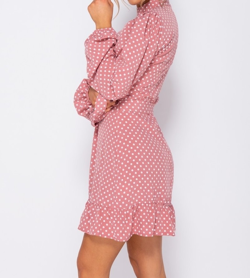 Polka Dot Frill Hem Waist Tie High Neck Mini Dress - Image 2